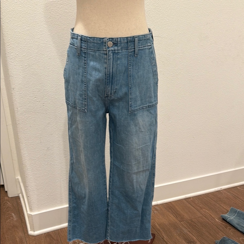Wide Leg Light Wash Denim Pants Ankle Length